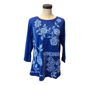 Avani‎ Women’s Floral Embroidered Blue Long Sleeve Top NEW